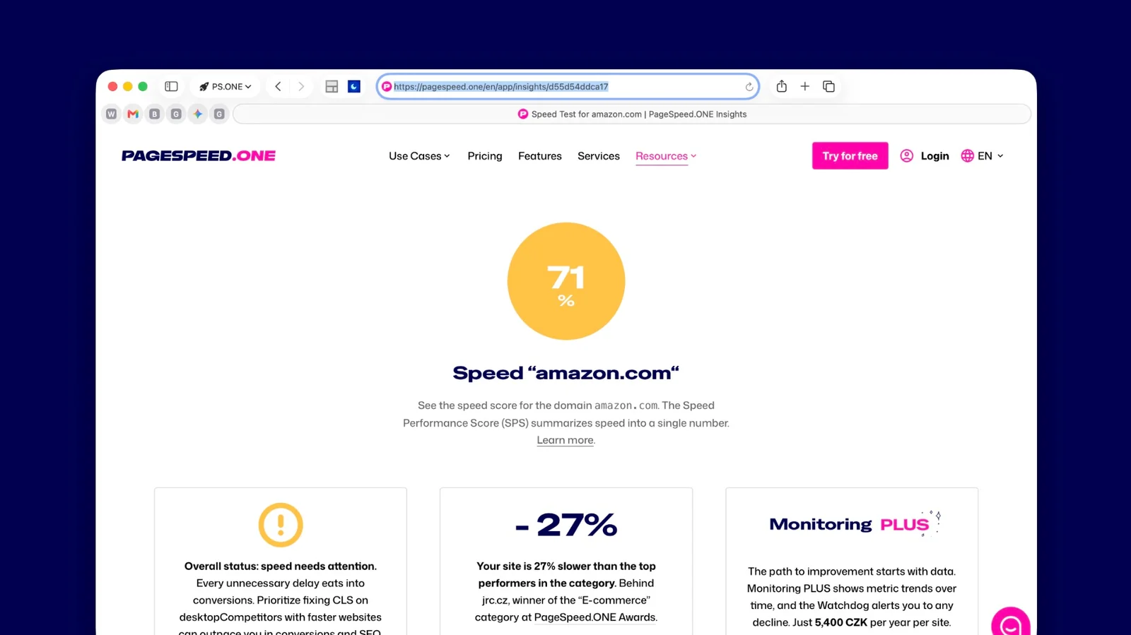 PageSpeed.ONE website speed test showing real-user performance scores