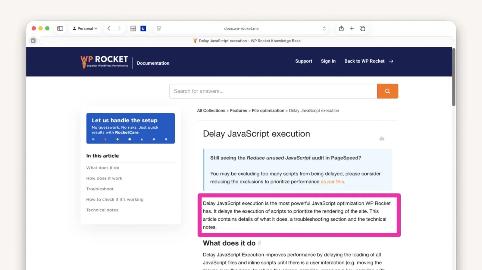 WP Rocket documentation for the Delay JavaScript execution setting